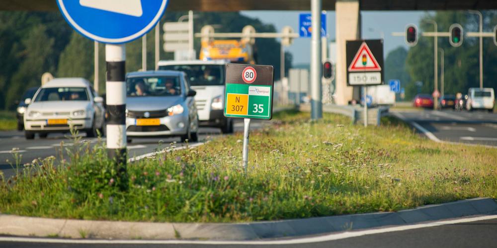 Drukke weg met verkeersborden, waaronder een blauw bord met witte pijl naar links, snelheidslimiet van 80 km/u, en een viaduct.