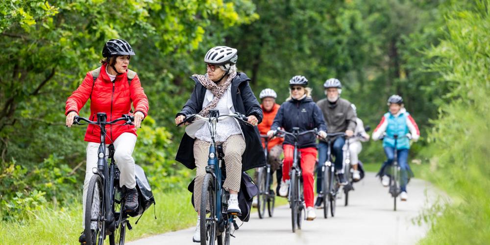 Groep fietsers met helmen op een pad door een groene, parkachtige omgeving.