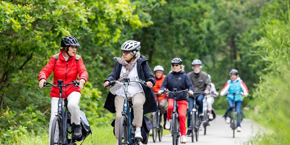 Groep fietsers met helmen op een pad door een groene, parkachtige omgeving.