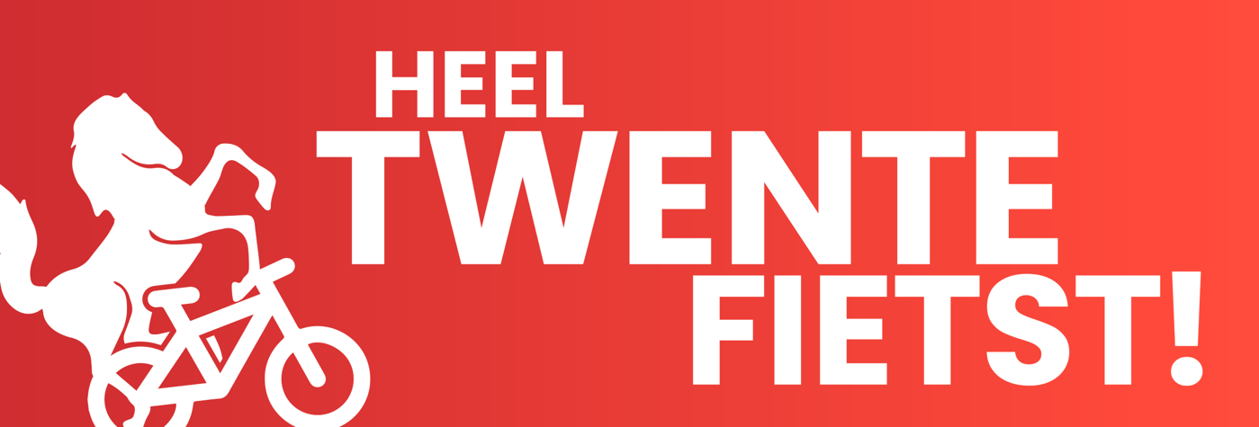 Logo met witte tekst "Heel Twente Fietst!" op rode achtergrond, naast een wit paard dat naast een fiets stijgert